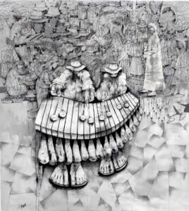 Pintura de acrílico y óleo sobre tela titulada "El Pueblo Maya Entrega a Cristo La Ofrenda de Maíz" del artista Emanuel Paniagua