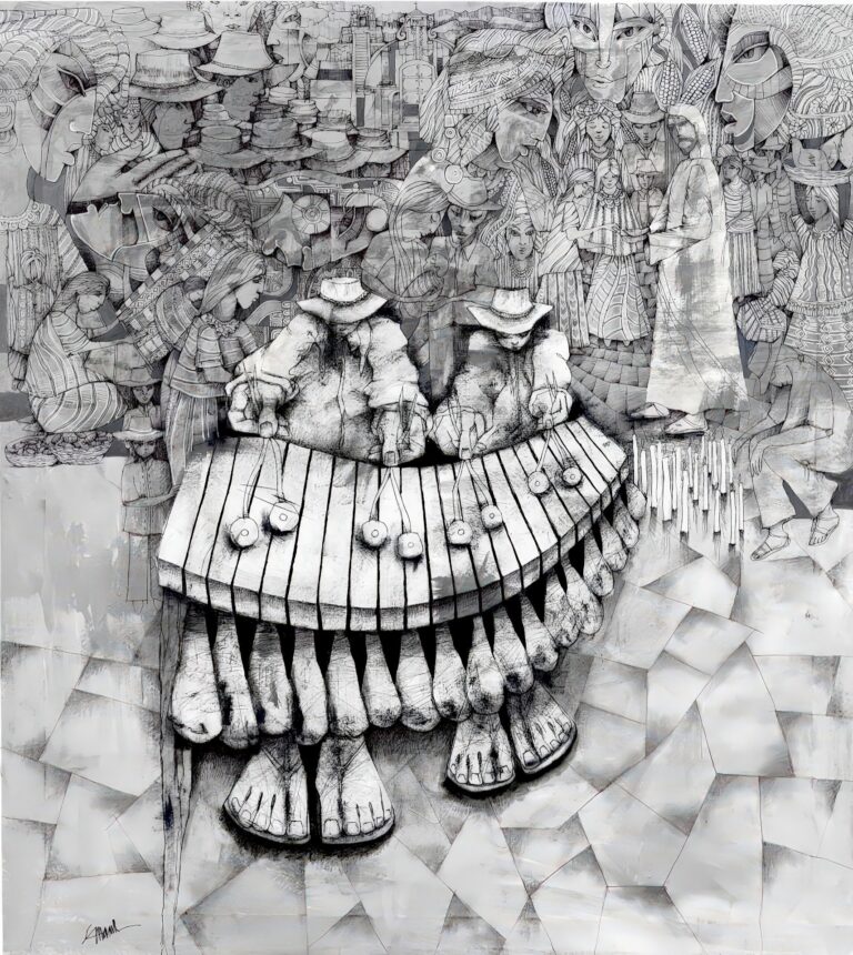 Pintura de acrílico y óleo sobre tela titulada "El Pueblo Maya Entrega a Cristo La Ofrenda de Maíz" del artista Emanuel Paniagua