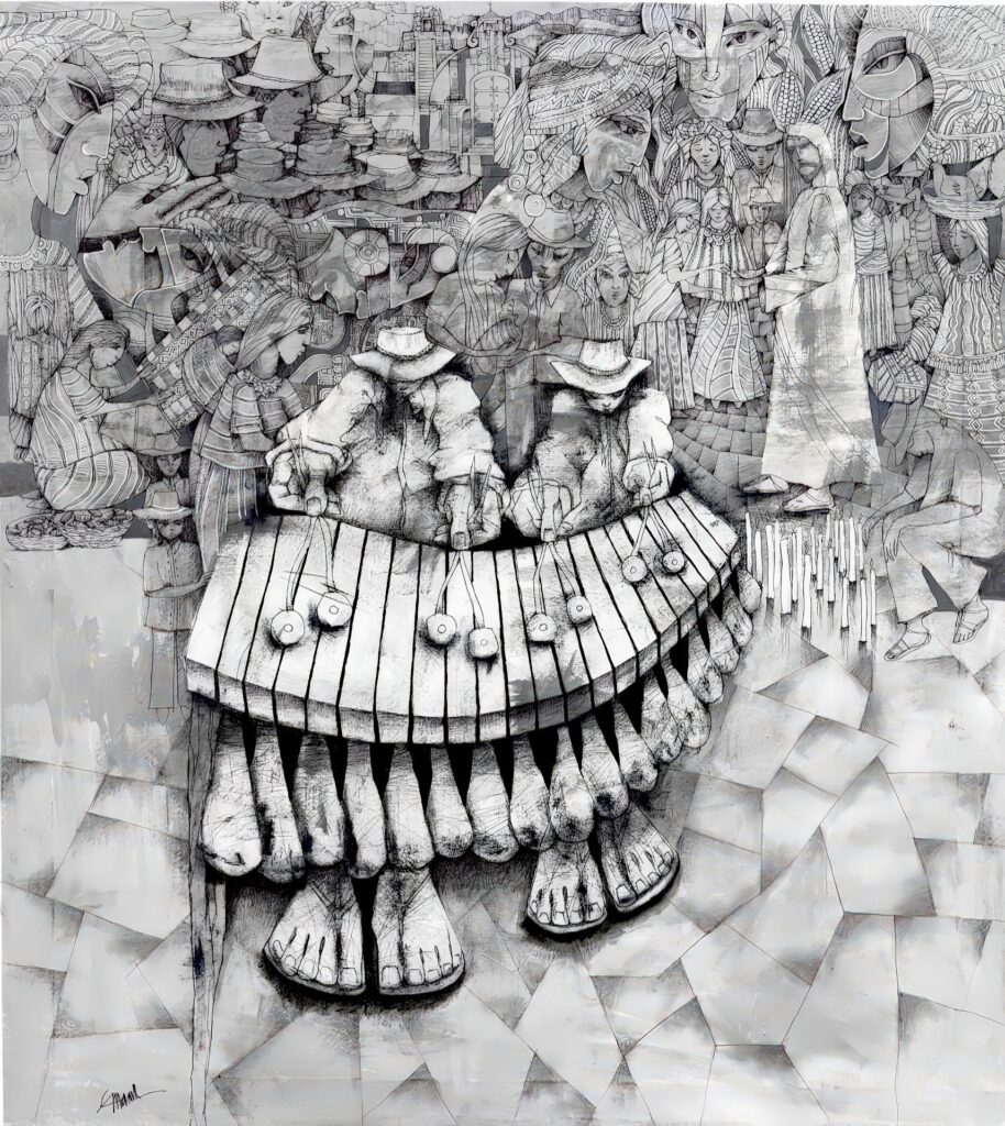 Pintura de acrílico y óleo sobre tela titulada "El Pueblo Maya Entrega a Cristo La Ofrenda de Maíz" del artista Emanuel Paniagua